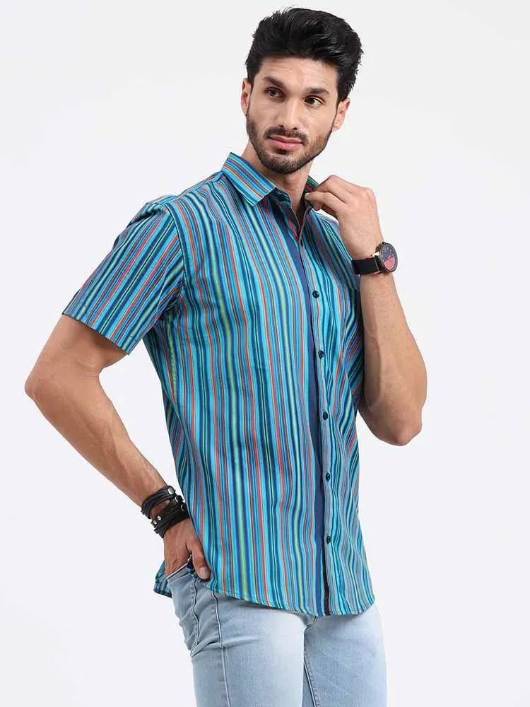 Stripe Multi Navy Turquoise Printed Half Sleeve Shirt