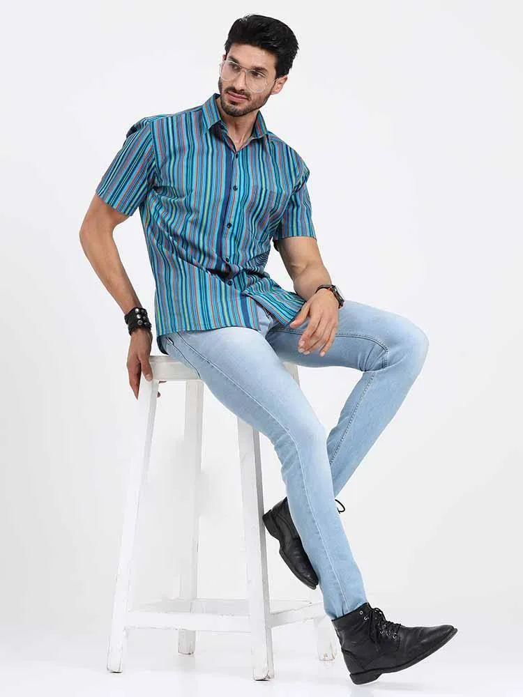 Stripe Multi Navy Turquoise Printed Half Sleeve Shirt