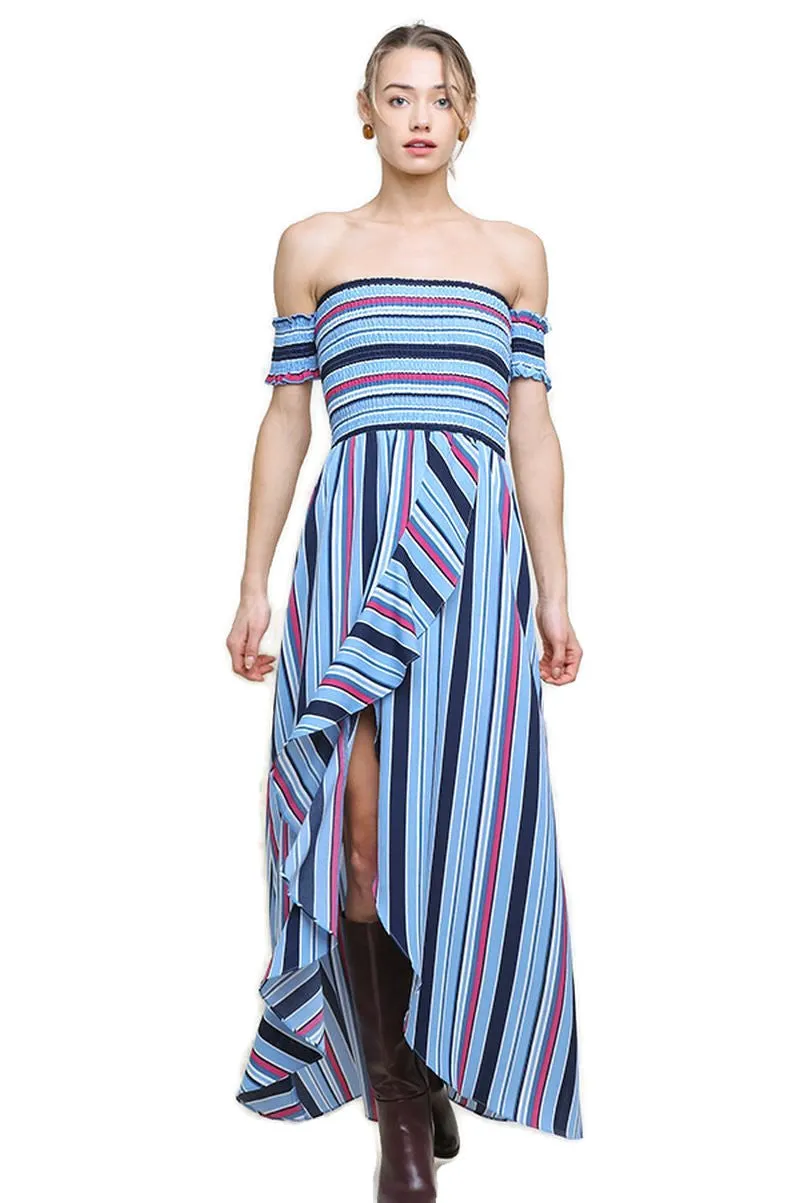 Striped Ruffle Tulip Maxi Dress, Blue