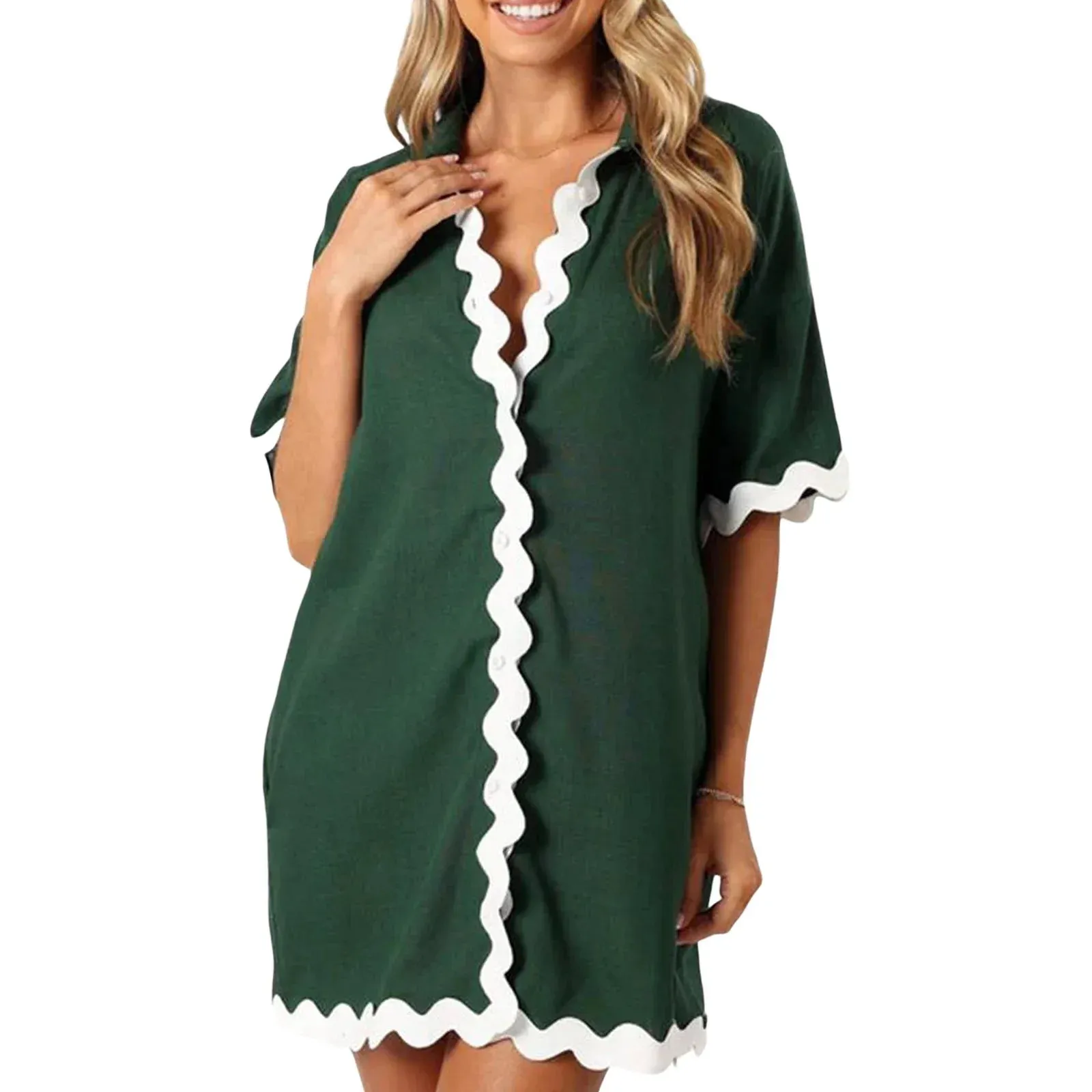 Summer Shirt Dress Contrast Trim Ric Rac Short Sleeve Turn-Down Collar Loose Versatility Elegant Casual Women Dress