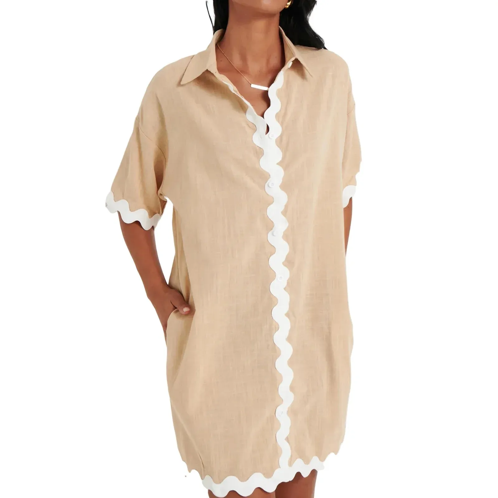 Summer Shirt Dress Contrast Trim Ric Rac Short Sleeve Turn-Down Collar Loose Versatility Elegant Casual Women Dress