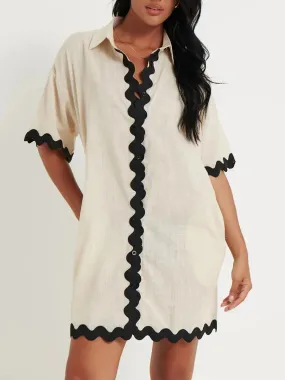 Summer Shirt Dress Contrast Trim Ric Rac Short Sleeve Turn-Down Collar Loose Versatility Elegant Casual Women Dress