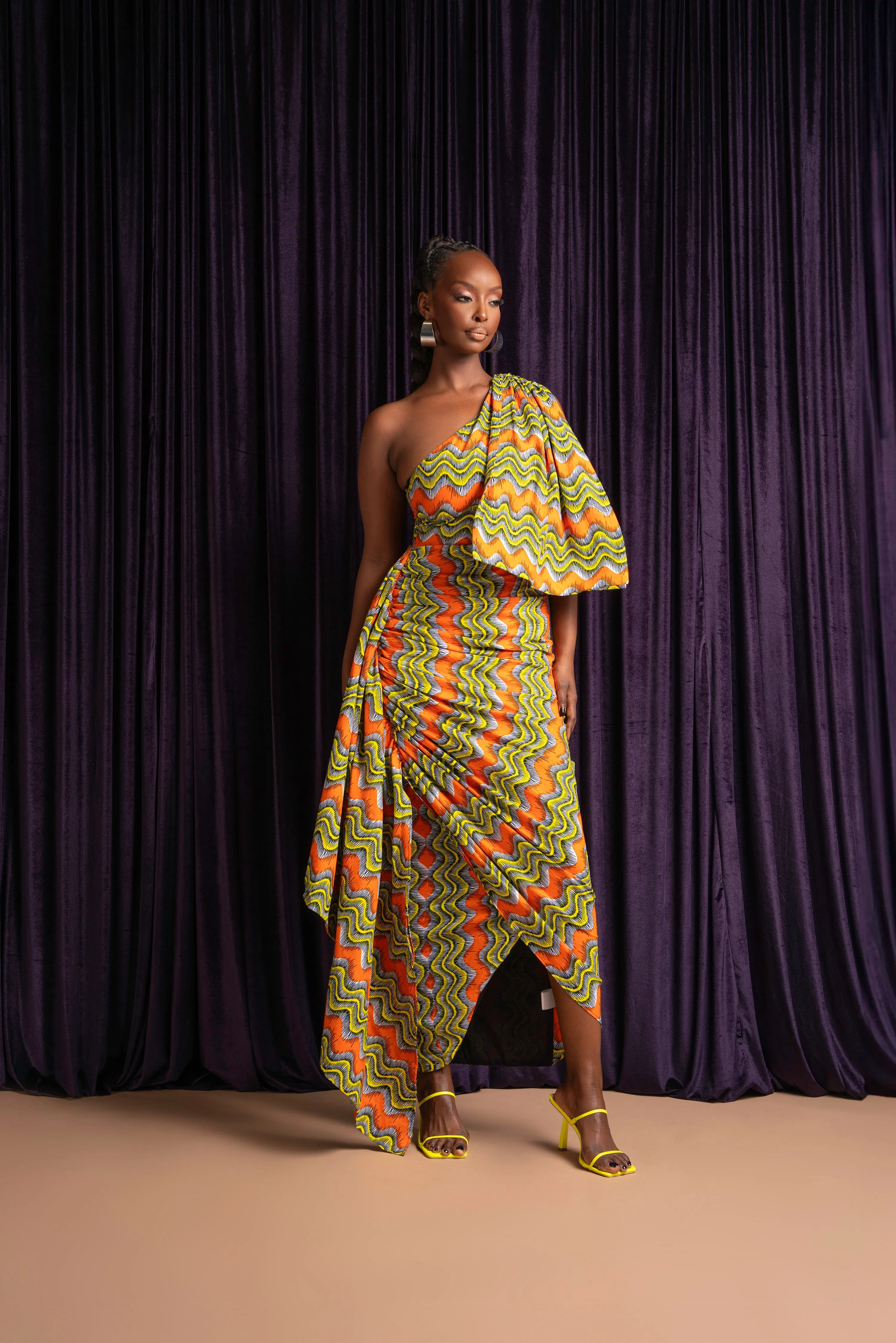 TANI African Print One Sleeve Drape Maxi Dress