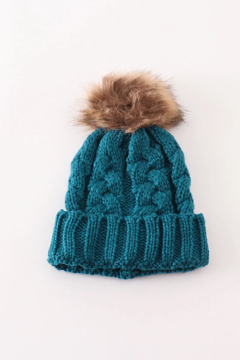 Teal pompom cable beanie