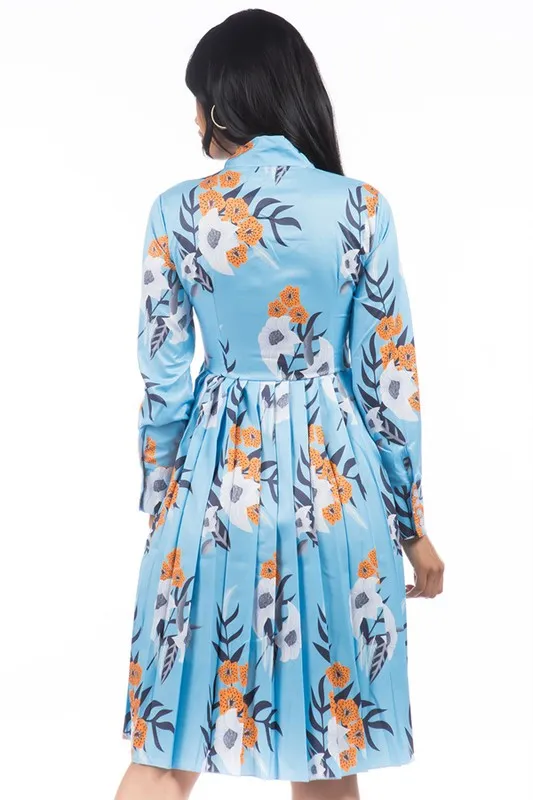 TEEK - BLUE FLORAL NECK TIE PLEATED DRESS