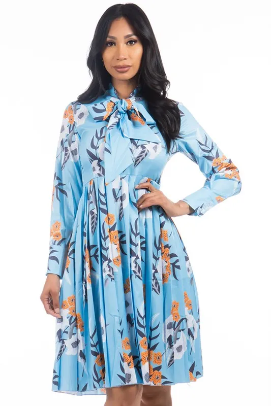 TEEK - BLUE FLORAL NECK TIE PLEATED DRESS