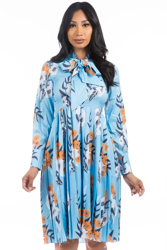 TEEK - BLUE FLORAL NECK TIE PLEATED DRESS