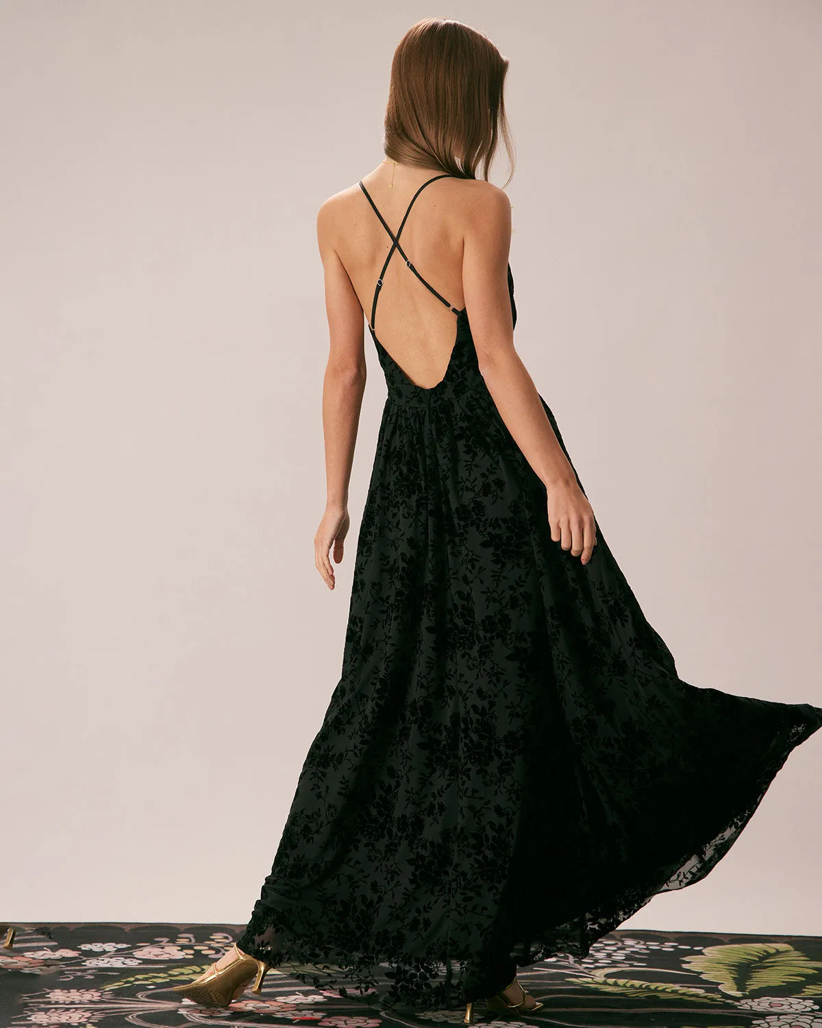 The Black Floral Flocked Mesh Slit Maxi Dress