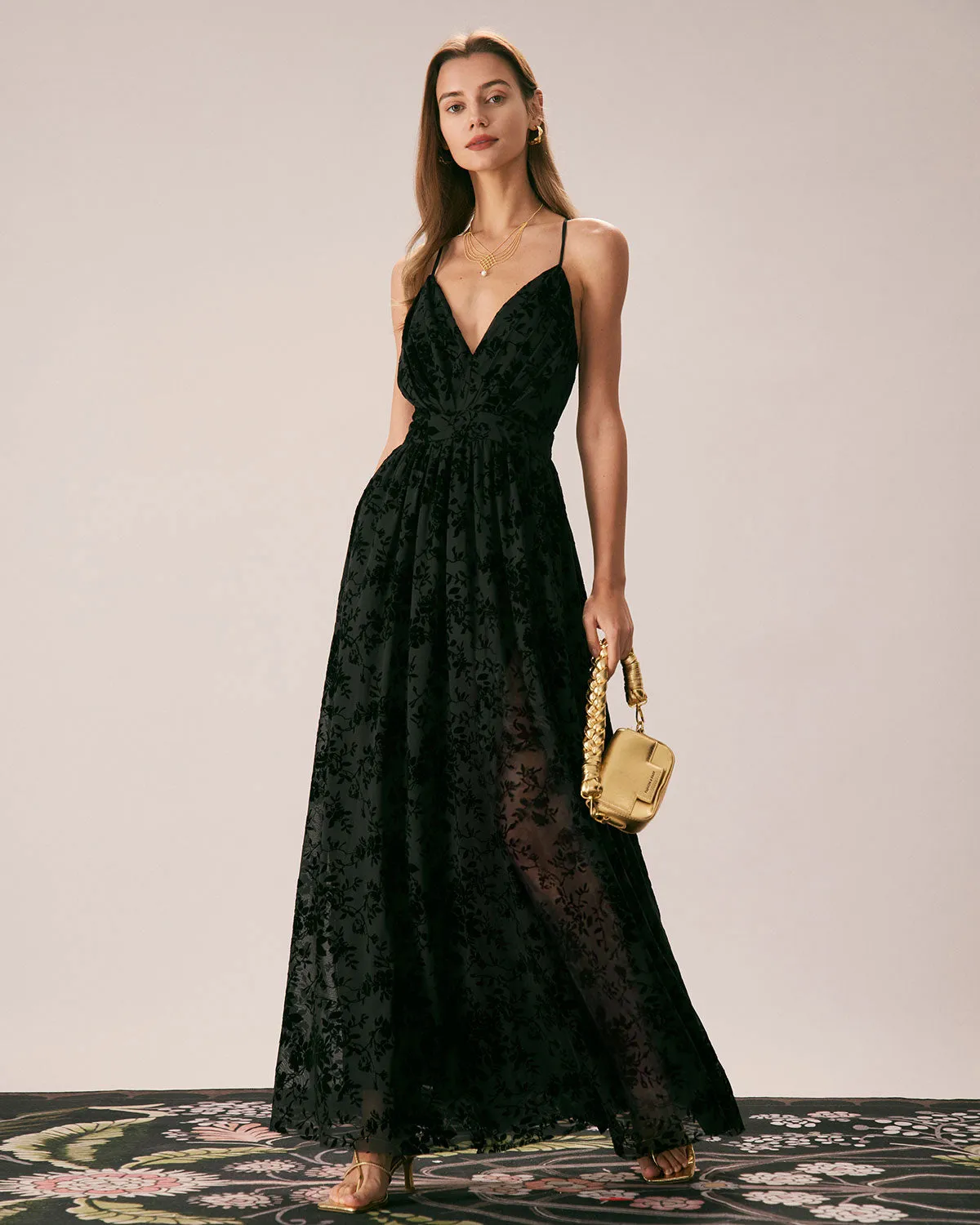 The Black Floral Flocked Mesh Slit Maxi Dress