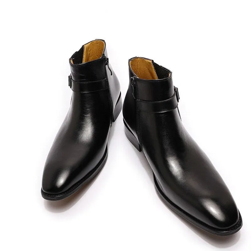 The Chiaro2 - Men's Leather Dress Boots With Zipper & Buckle (Italian Style)