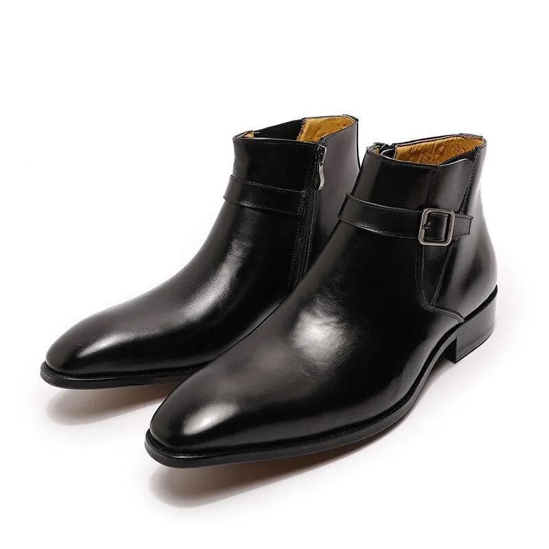 The Chiaro2 - Men's Leather Dress Boots With Zipper & Buckle (Italian Style)