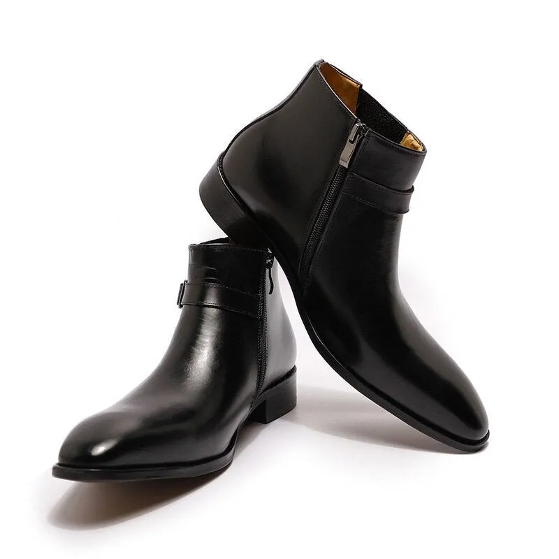 The Chiaro2 - Men's Leather Dress Boots With Zipper & Buckle (Italian Style)