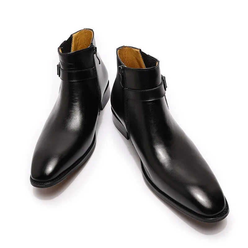 The Chiaro2 - Men's Leather Dress Boots With Zipper & Buckle (Italian Style)