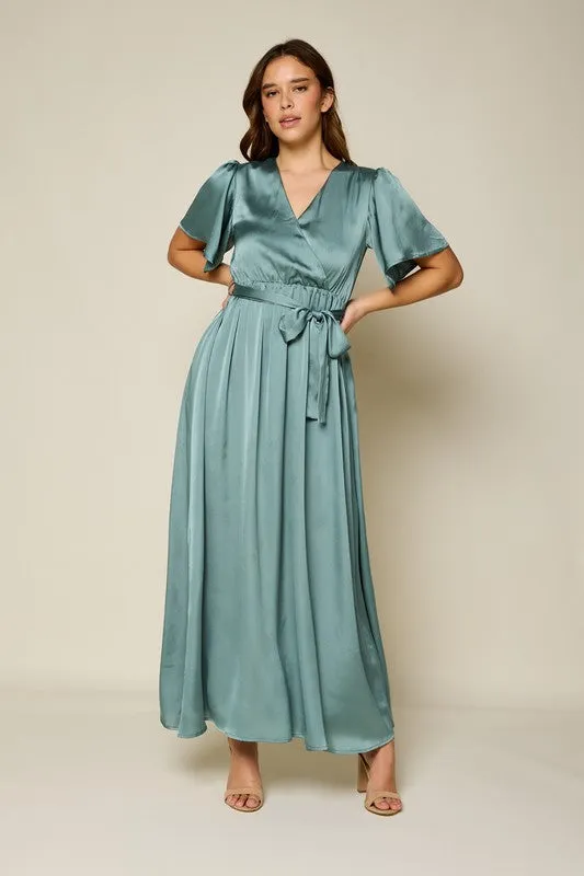 The Lisbon Dull Satin Maxi Dress in Pale Teal FINAL SALE