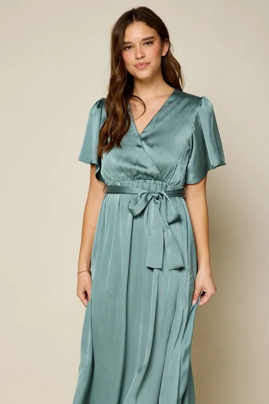 The Lisbon Dull Satin Maxi Dress in Pale Teal FINAL SALE