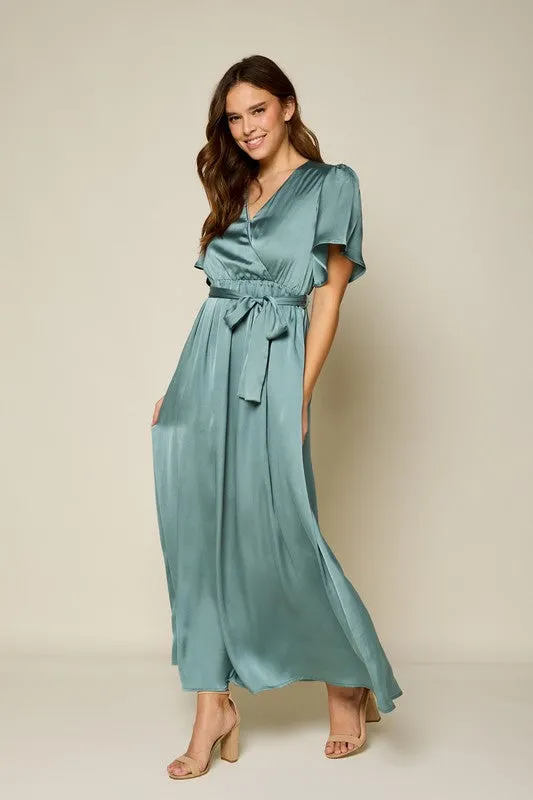 The Lisbon Dull Satin Maxi Dress in Pale Teal FINAL SALE