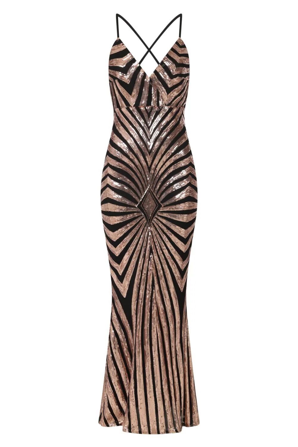 Timeless Black Gold Plunge Sequin Hourglass Illusion Mermaid Maxi Dress