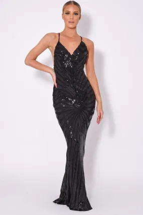 Timeless Black Plunge Sequin Hourglass Illusion Mermaid Maxi Dress