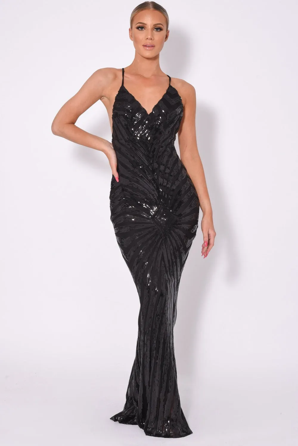 Timeless Black Plunge Sequin Hourglass Illusion Mermaid Maxi Dress