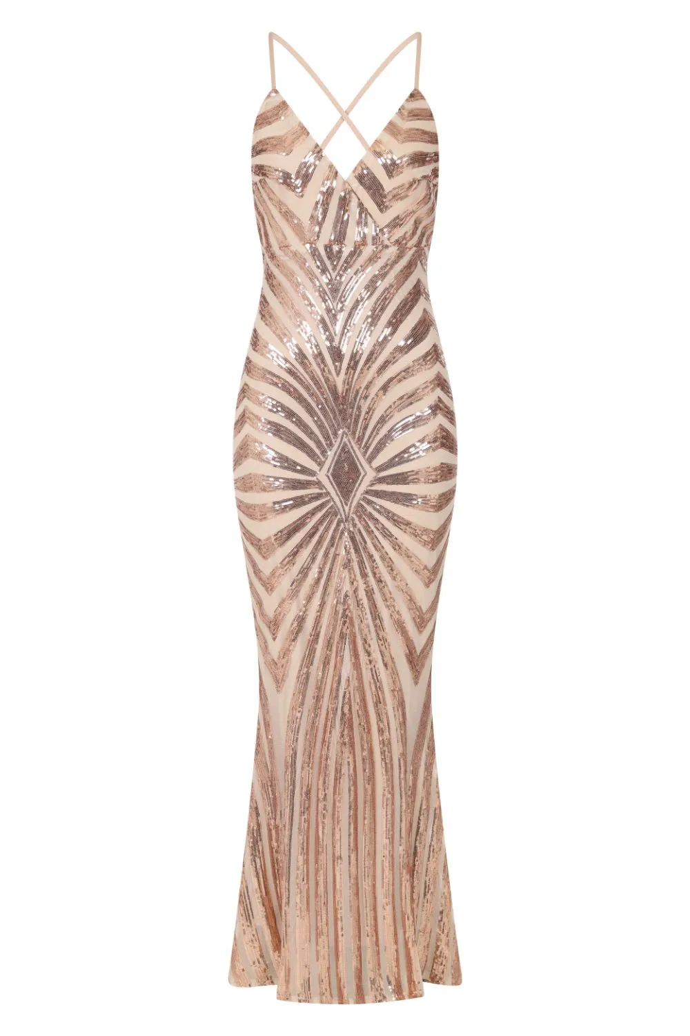 Timeless Rose Gold Plunge Sequin Hourglass Illusion Mermaid Maxi Dress