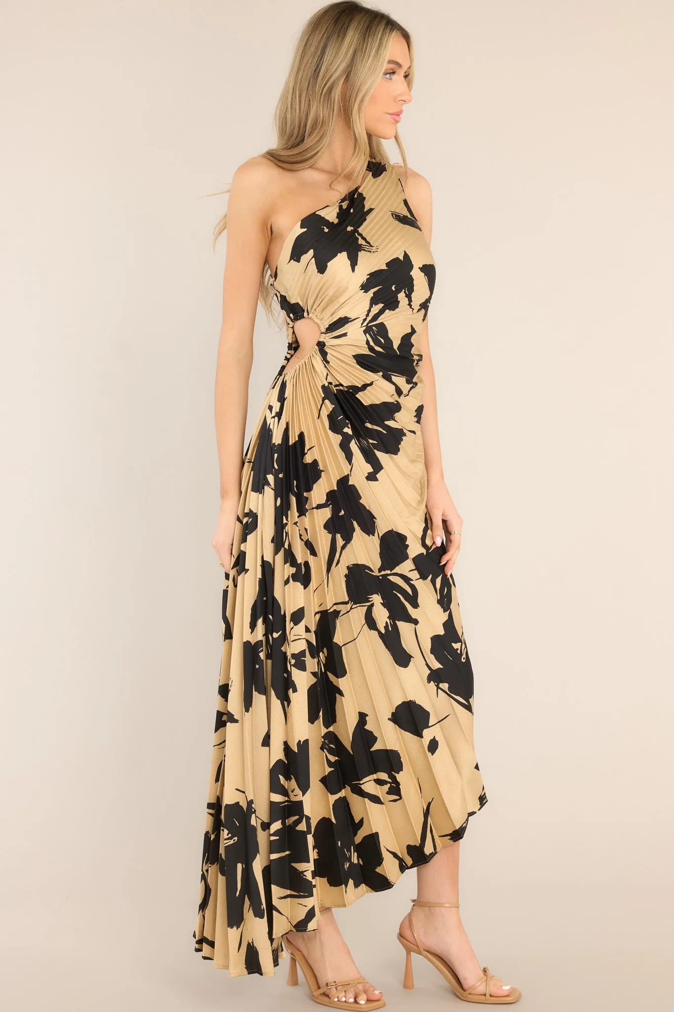 Timeless Tan Print Pleated Maxi Dress