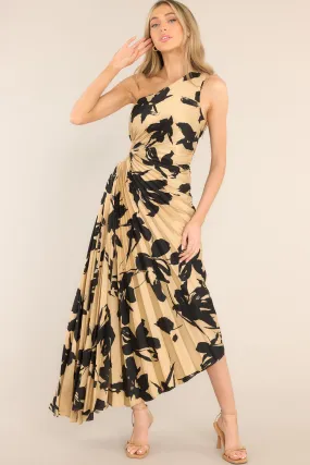 Timeless Tan Print Pleated Maxi Dress