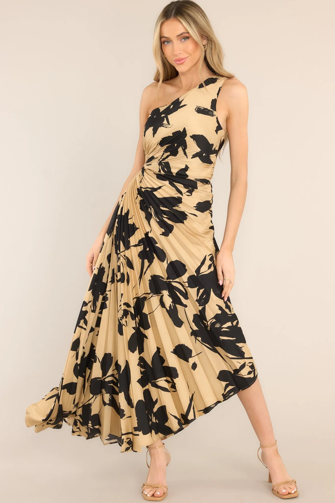 Timeless Tan Print Pleated Maxi Dress