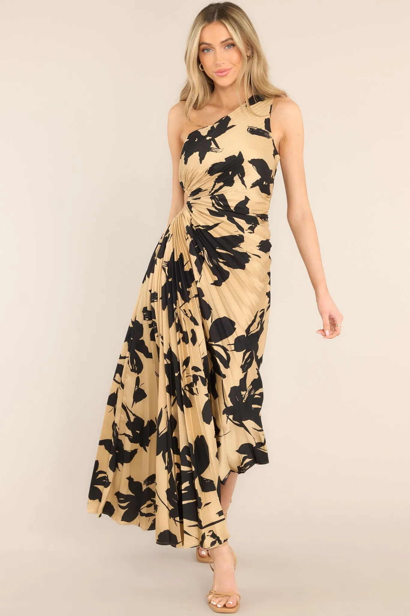 Timeless Tan Print Pleated Maxi Dress