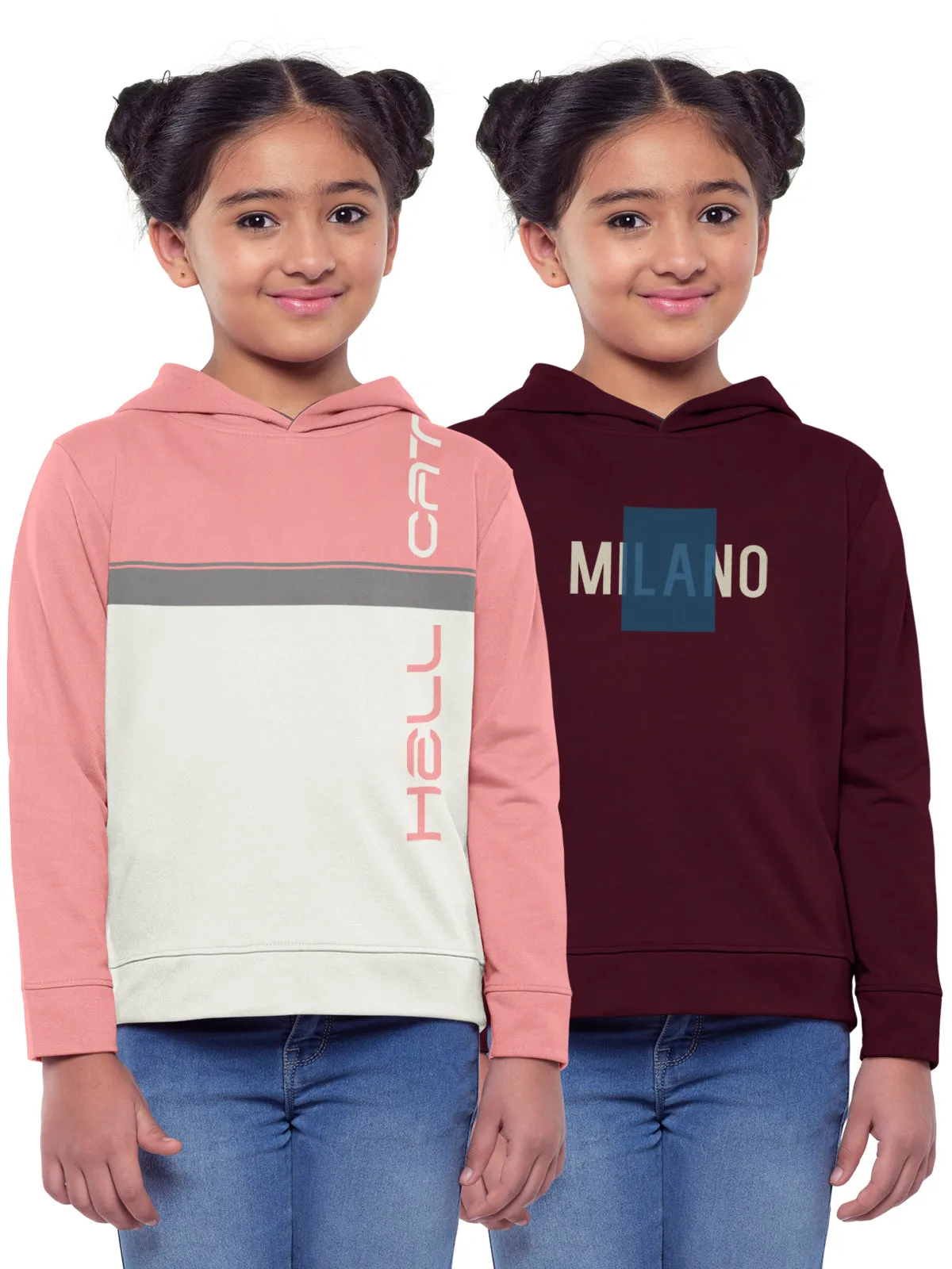 Trendy Printed Full Sleeve / Long Sleeve Hooded Sweatshirt for Girls - Pack of 2