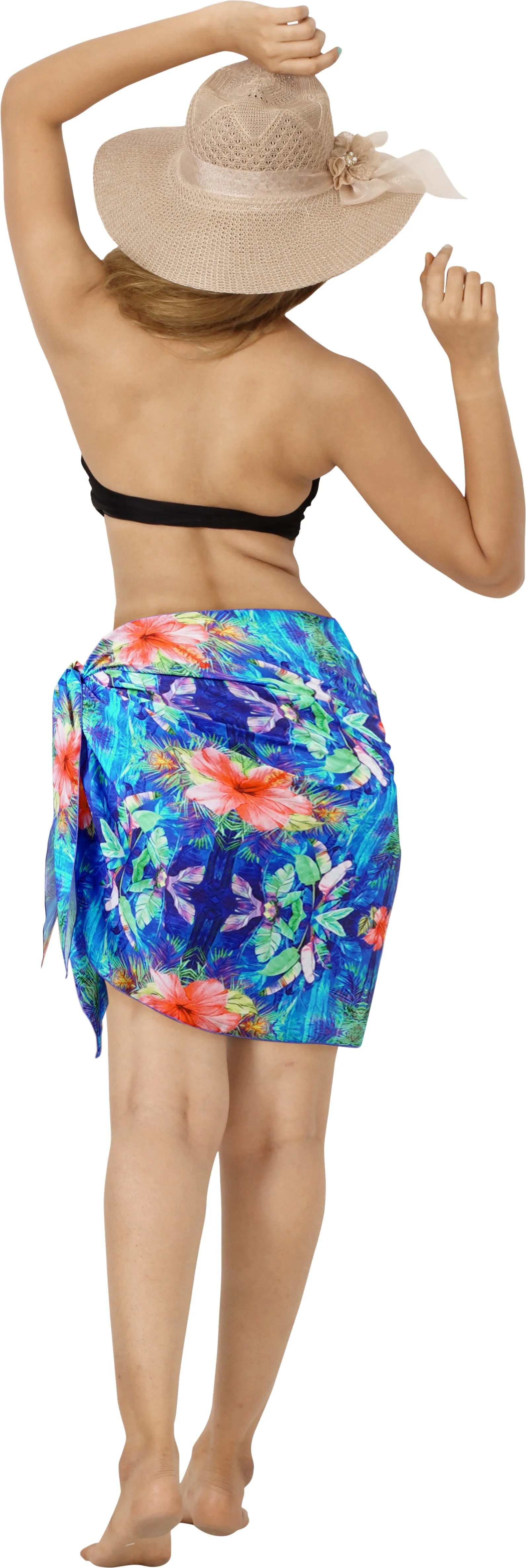 Tropical Radiance Non-Sheer Multicolor Hibiscus Flower and Leaves Print Half Beach Wrap For Women