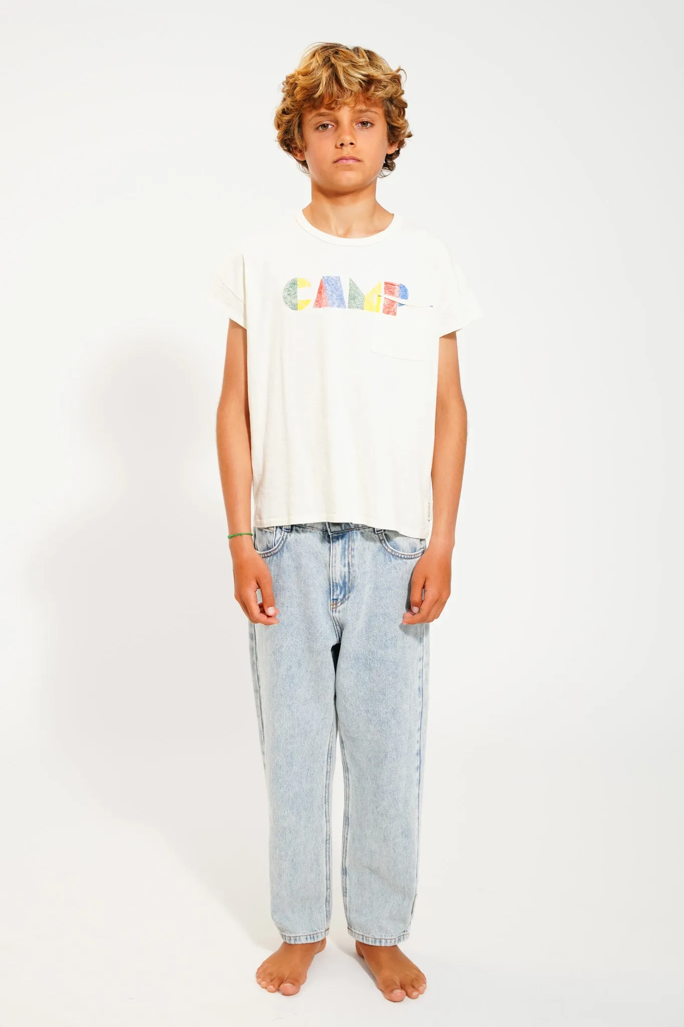 t'shirt | ecru w/ multicolor "camp" print