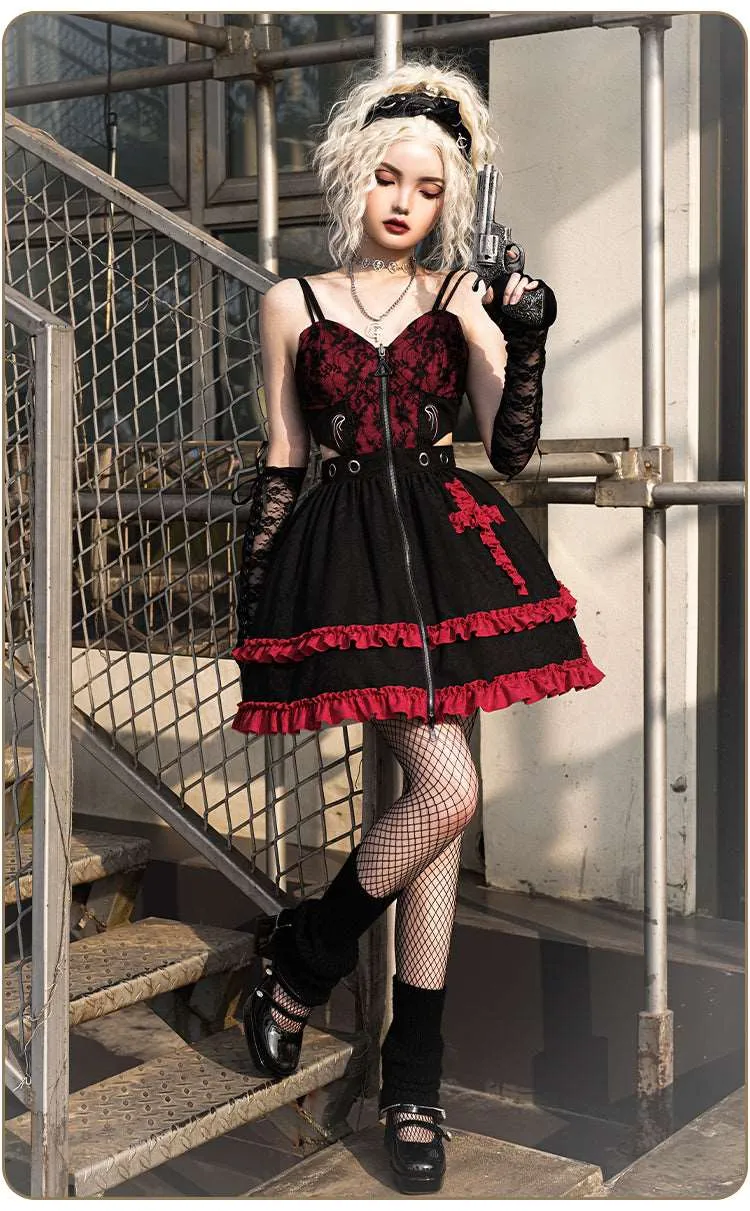 Universal Lolita Judgment Day Black Red Strap Dress Vest Sleeves Three Piece Set