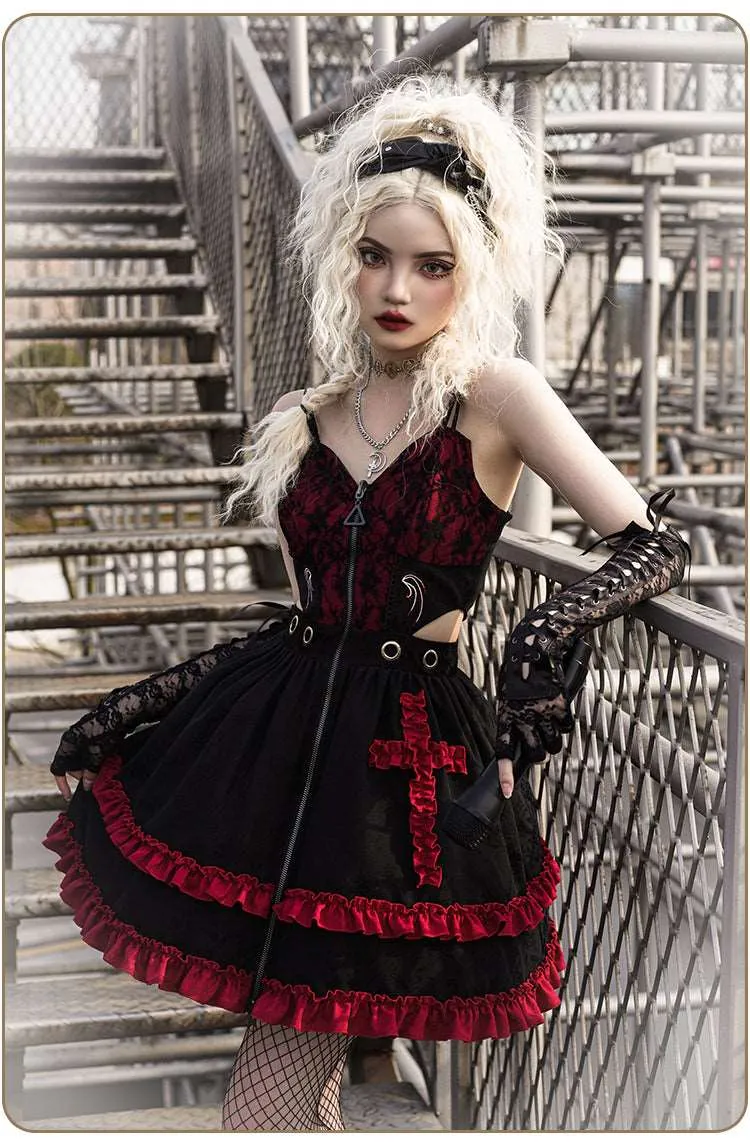 Universal Lolita Judgment Day Black Red Strap Dress Vest Sleeves Three Piece Set