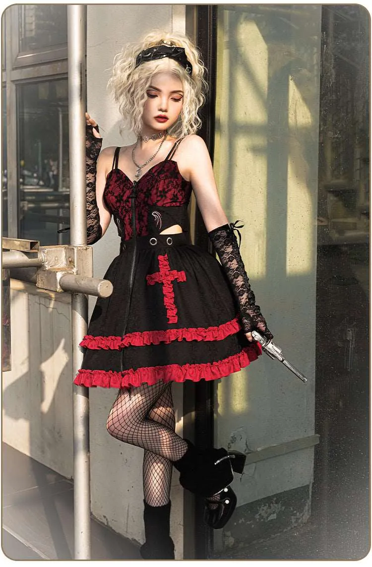 Universal Lolita Judgment Day Black Red Strap Dress Vest Sleeves Three Piece Set