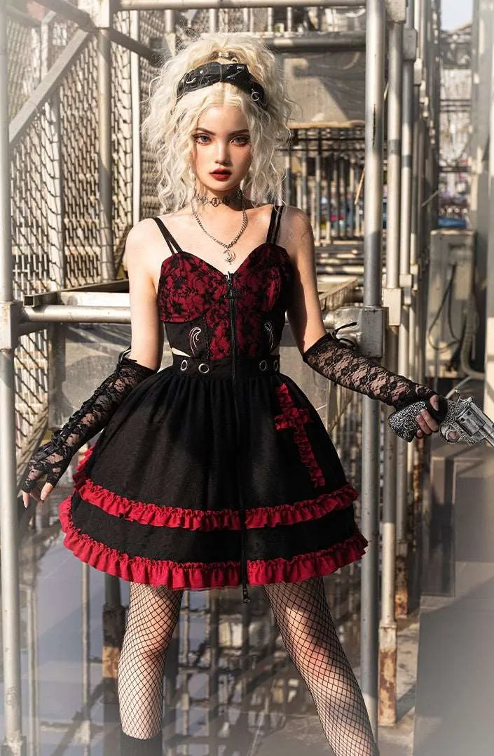 Universal Lolita Judgment Day Black Red Strap Dress Vest Sleeves Three Piece Set