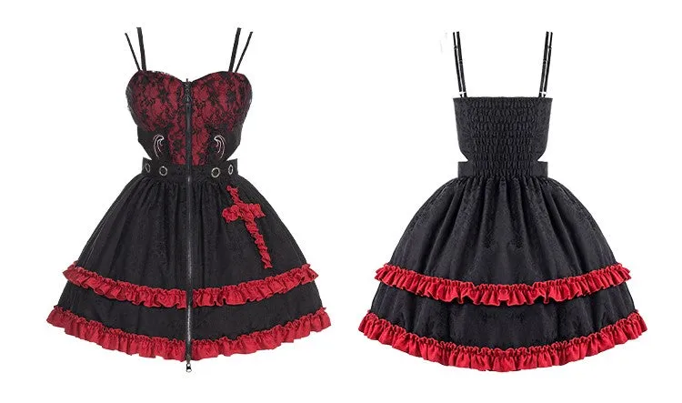 Universal Lolita Judgment Day Black Red Strap Dress Vest Sleeves Three Piece Set