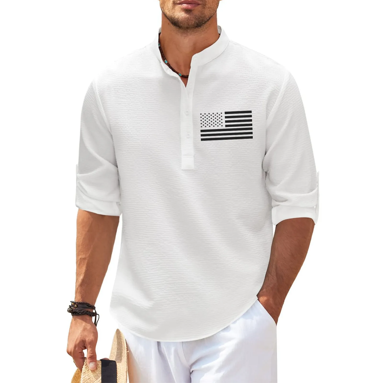 USA FLAG 3/4 SLEEVE CASUAL HENLEY SHIRT