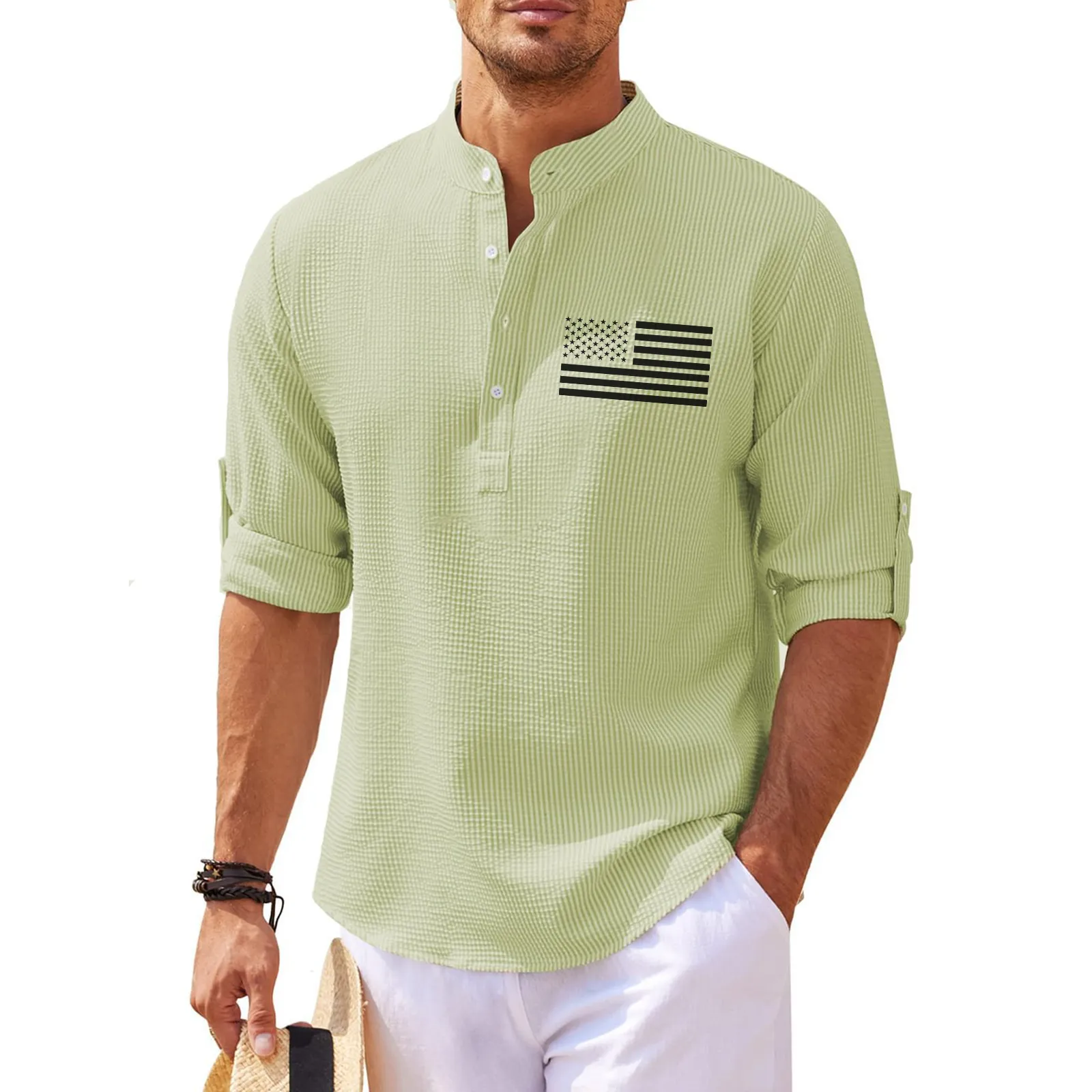 USA FLAG 3/4 SLEEVE CASUAL HENLEY SHIRT