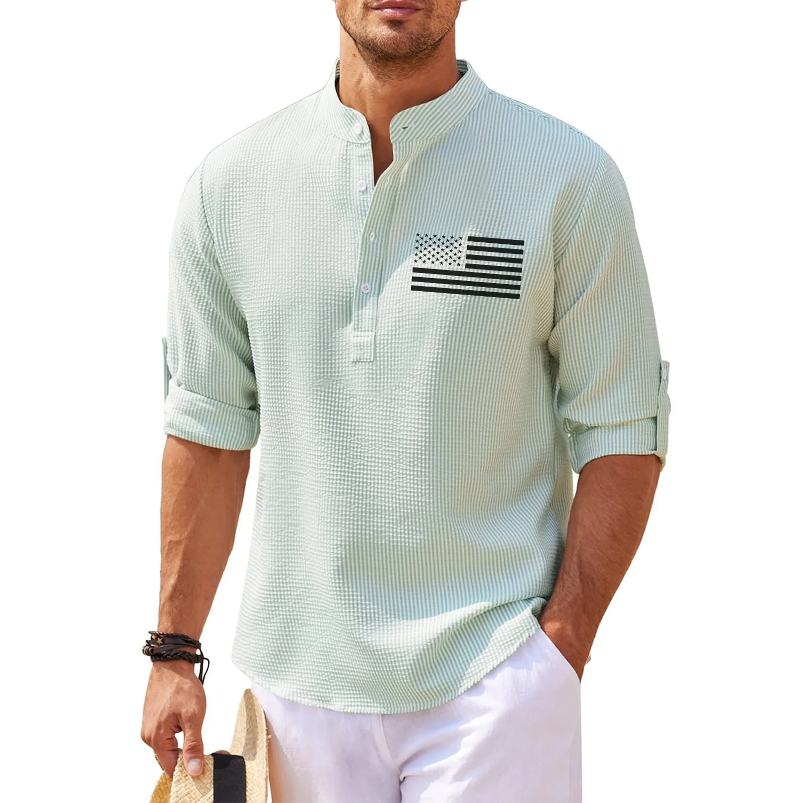 USA FLAG 3/4 SLEEVE CASUAL HENLEY SHIRT