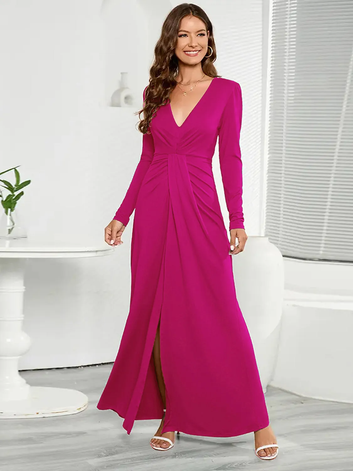 V-Neck Long Sleeve Evening Gown