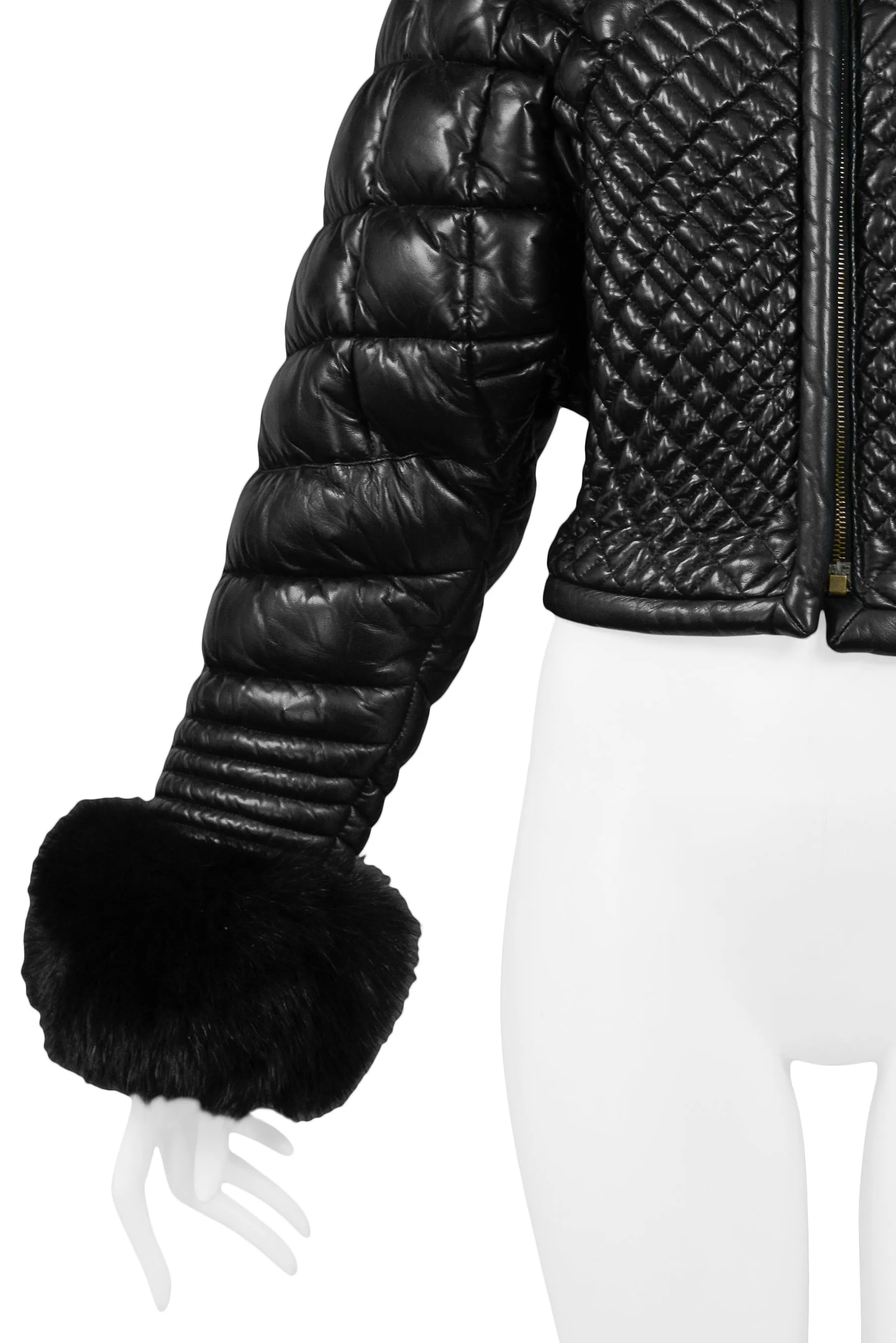 VERSACE BLACK LEATHER & FUR PUFFER JACKET 1992