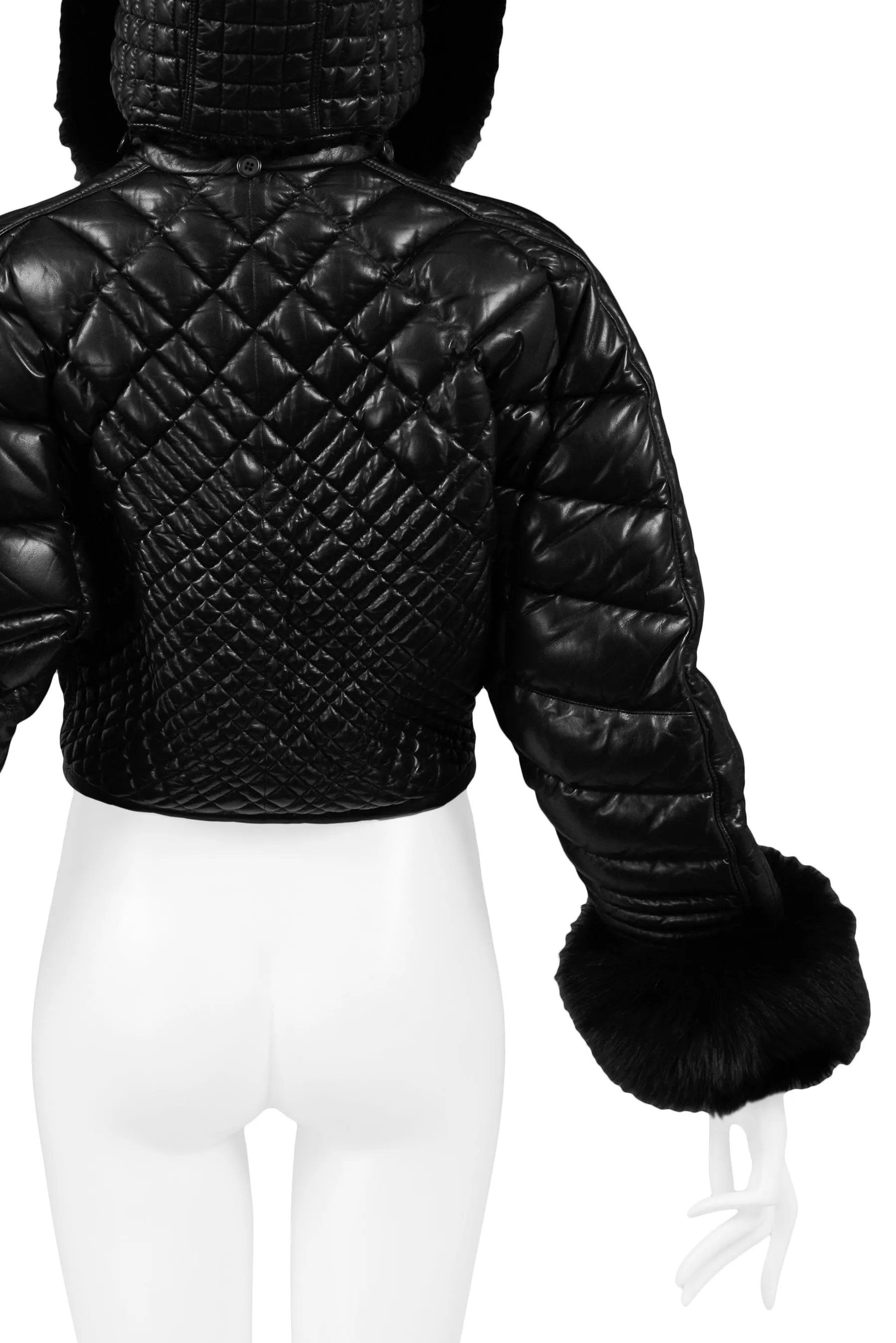 VERSACE BLACK LEATHER & FUR PUFFER JACKET 1992