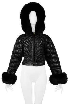 VERSACE BLACK LEATHER & FUR PUFFER JACKET 1992