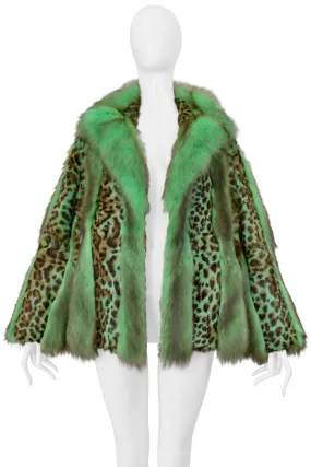 VERSACE GREEN FOX FUR AND LEOPARD PRINT COAT 2004