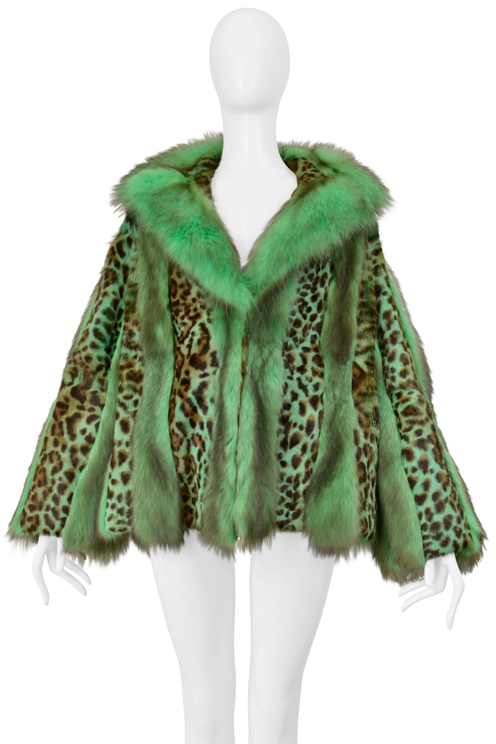 VERSACE GREEN FOX FUR AND LEOPARD PRINT COAT 2004