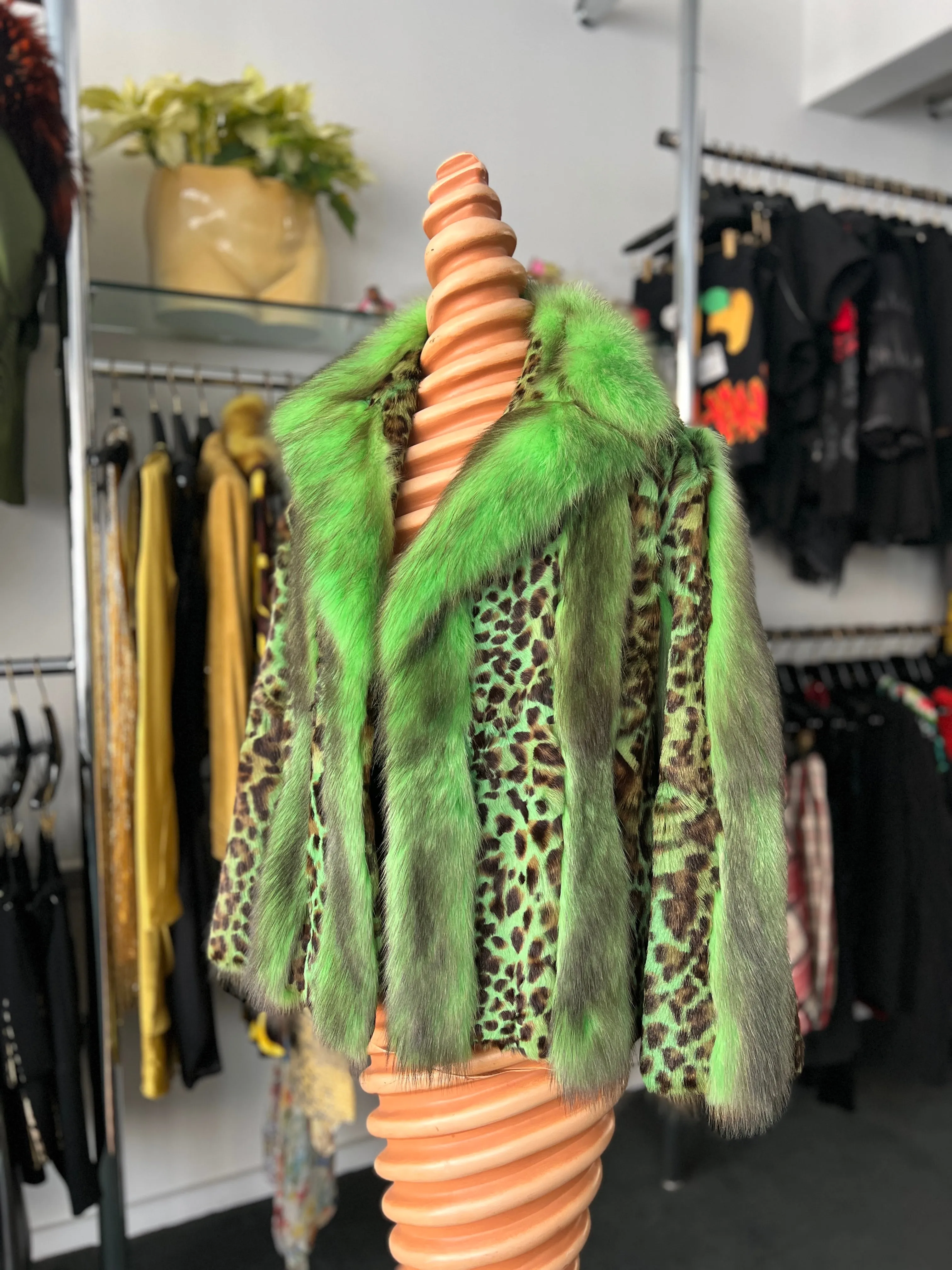 VERSACE GREEN FOX FUR AND LEOPARD PRINT COAT 2004