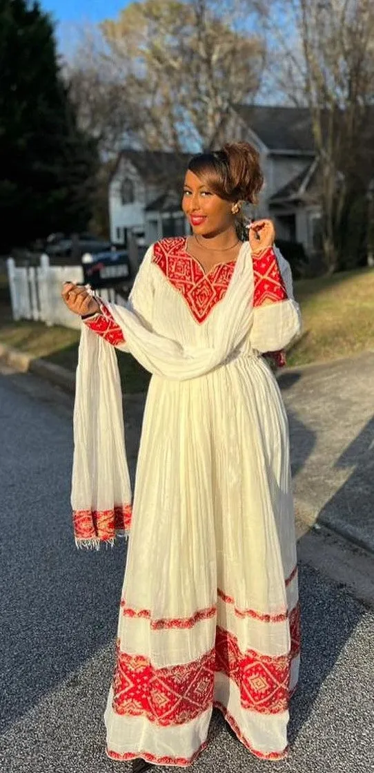 Vibrant Red Habesha Dress: with Diamond Shaped Golden Detailing Traditional Ethiopian Dress