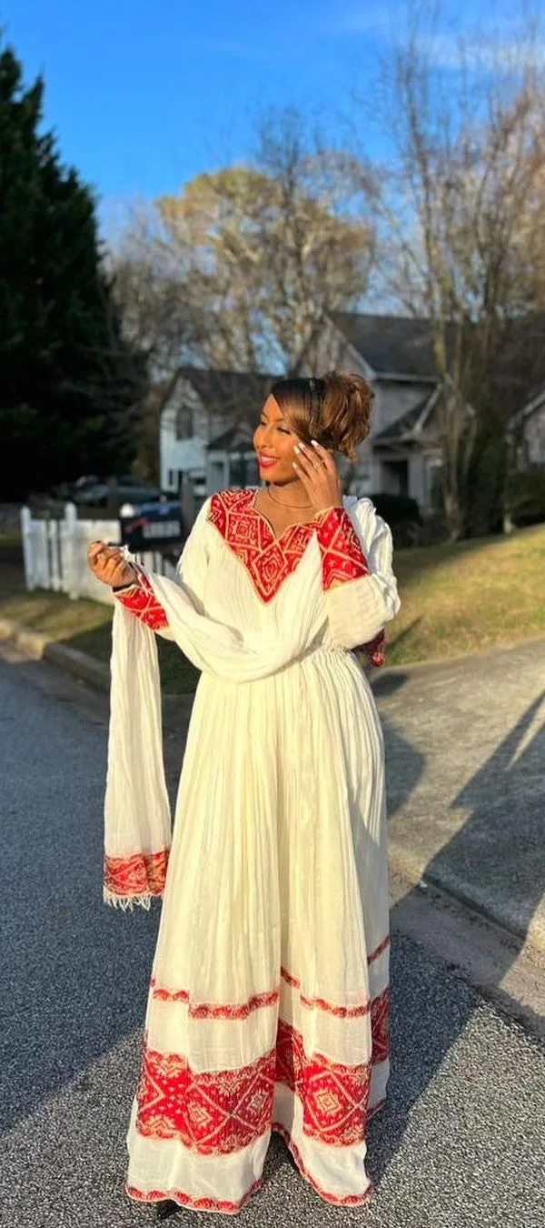 Vibrant Red Habesha Dress: with Diamond Shaped Golden Detailing Traditional Ethiopian Dress