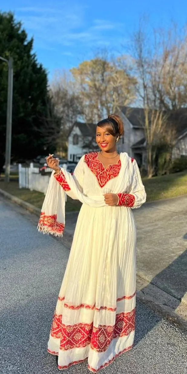 Vibrant Red Habesha Dress: with Diamond Shaped Golden Detailing Traditional Ethiopian Dress