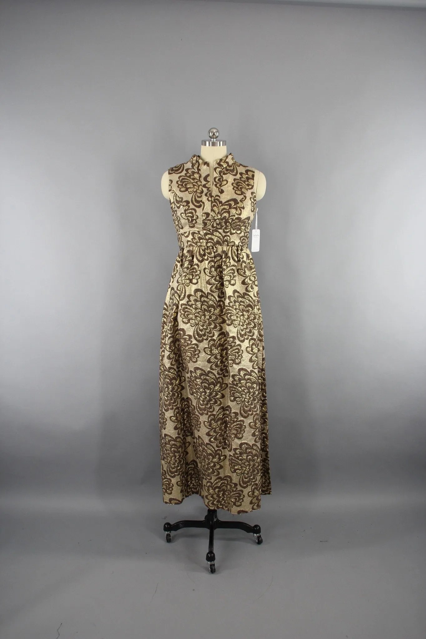 Vintage 1960s Gold Brocade Hostess Maxi Dress